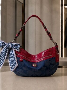 Rare! Y2K Coach Navy Signature Hobo with Pink Leather Trim